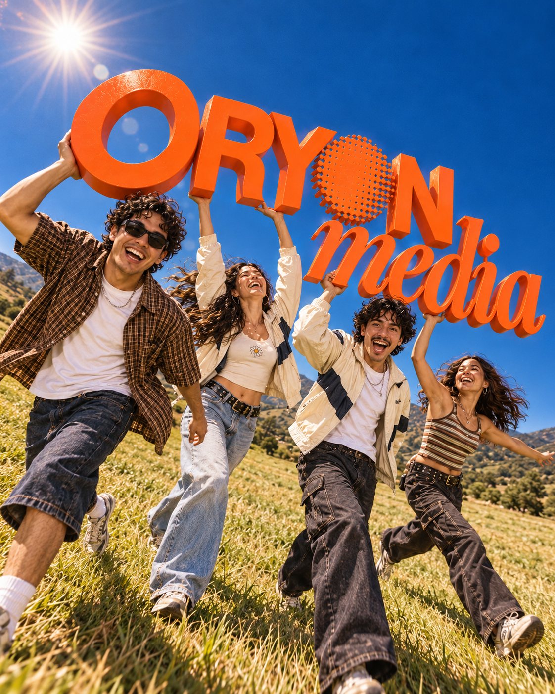 El equipo de Oryon Media corre colina abajo con el logo de la marca en alto, bajo el cielo azul