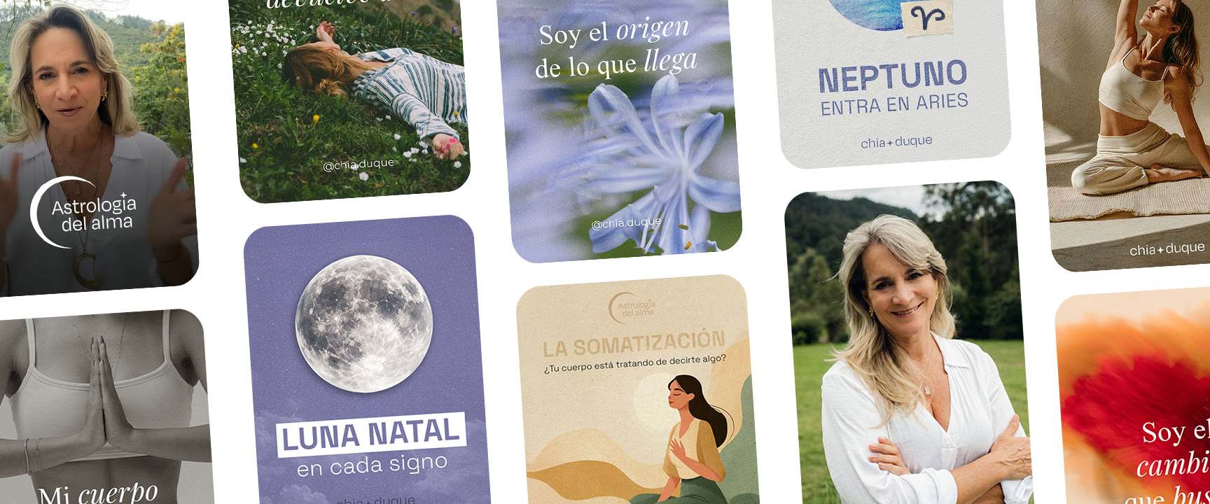 Collage del contenido de Chía Duque: retratos, lunas y piezas de astrología